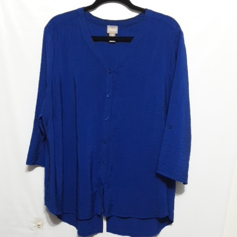 CHICO'S Blue Button-Up 3/4 Sleeve‎ Split Hem Back Women's 3 (XL/16) Blouse